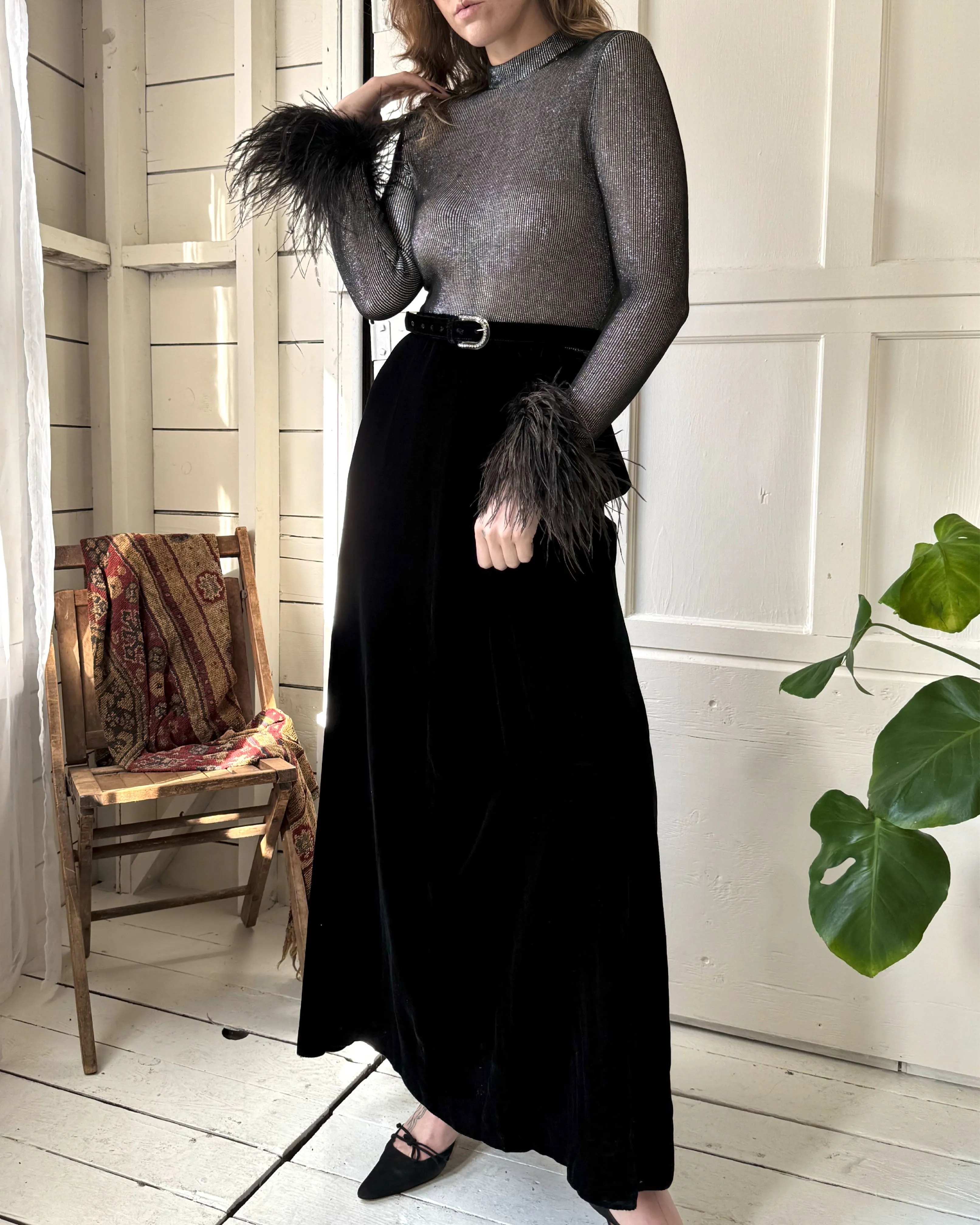 70s Metallic Feather Maxi Dress | M