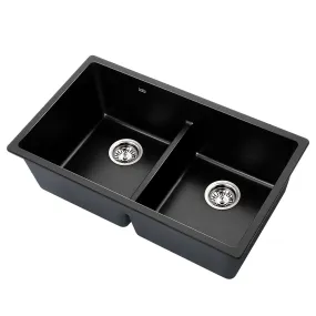 79cm Stone Double Kitchen Sink Granite Under/Topmount Basin Bowl Black