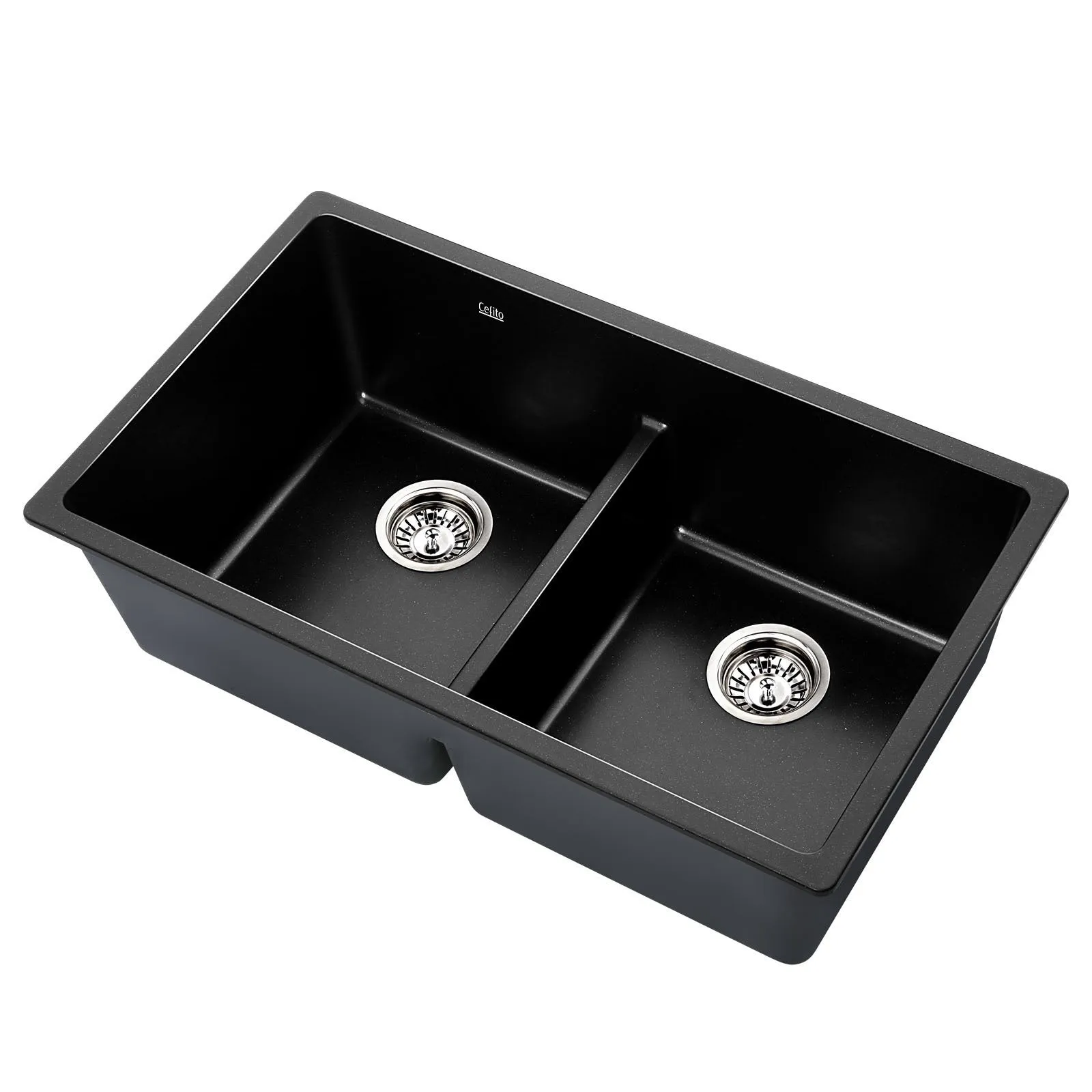79cm Stone Double Kitchen Sink Granite Under/Topmount Basin Bowl Black