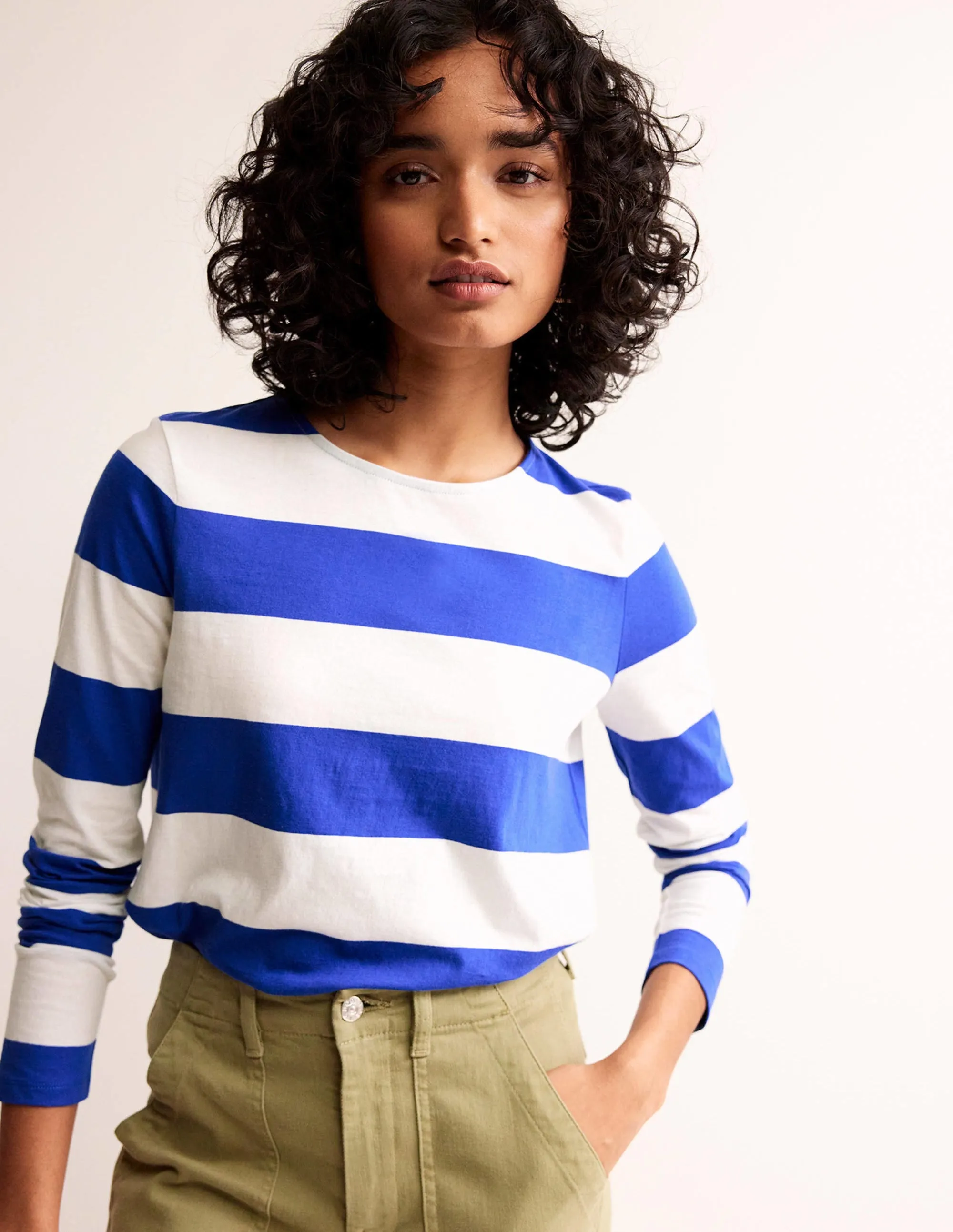 Bea Long Sleeve Breton-Blue, Ivory Wide Stripe