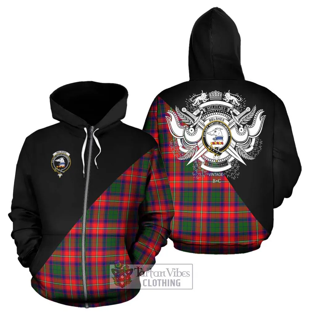Belshes Tartan Hoodie with Family Crest and Military Logo Style