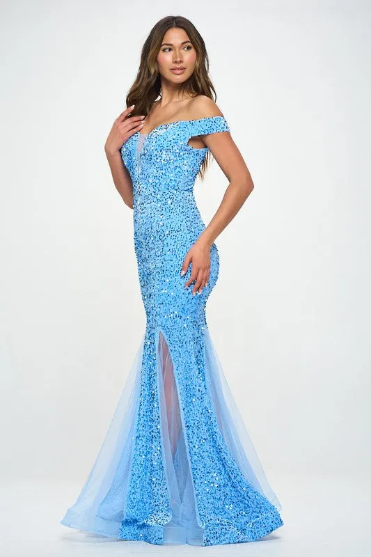 Blue Off-The-Shoulder Mermaid Sequins Maxi Formal