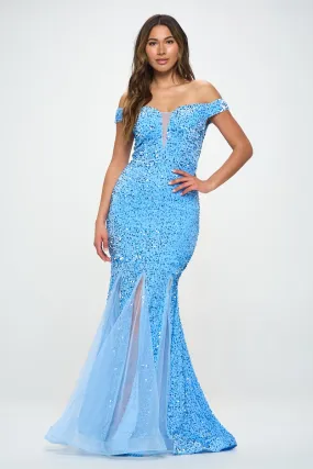 Blue Off-The-Shoulder Mermaid Sequins Maxi Formal