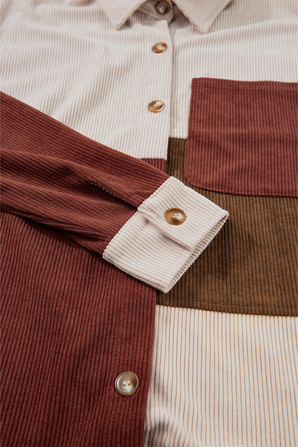 Colorblock Curved Hem Corduroy Shacket with Pocket