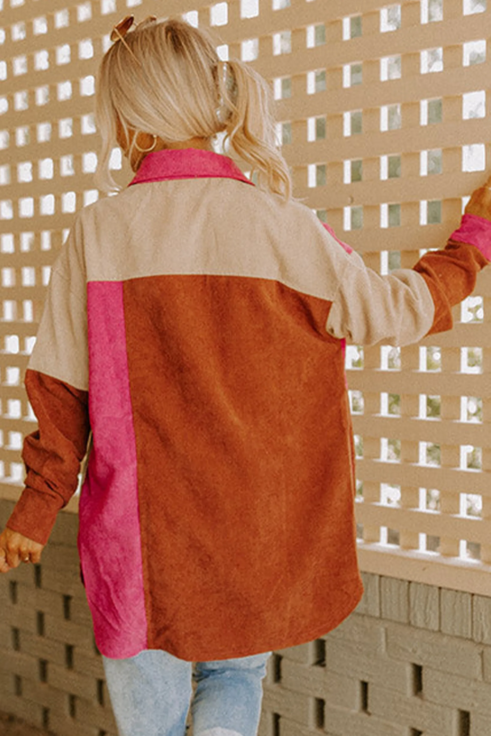Colorblock Curved Hem Corduroy Shacket with Pocket