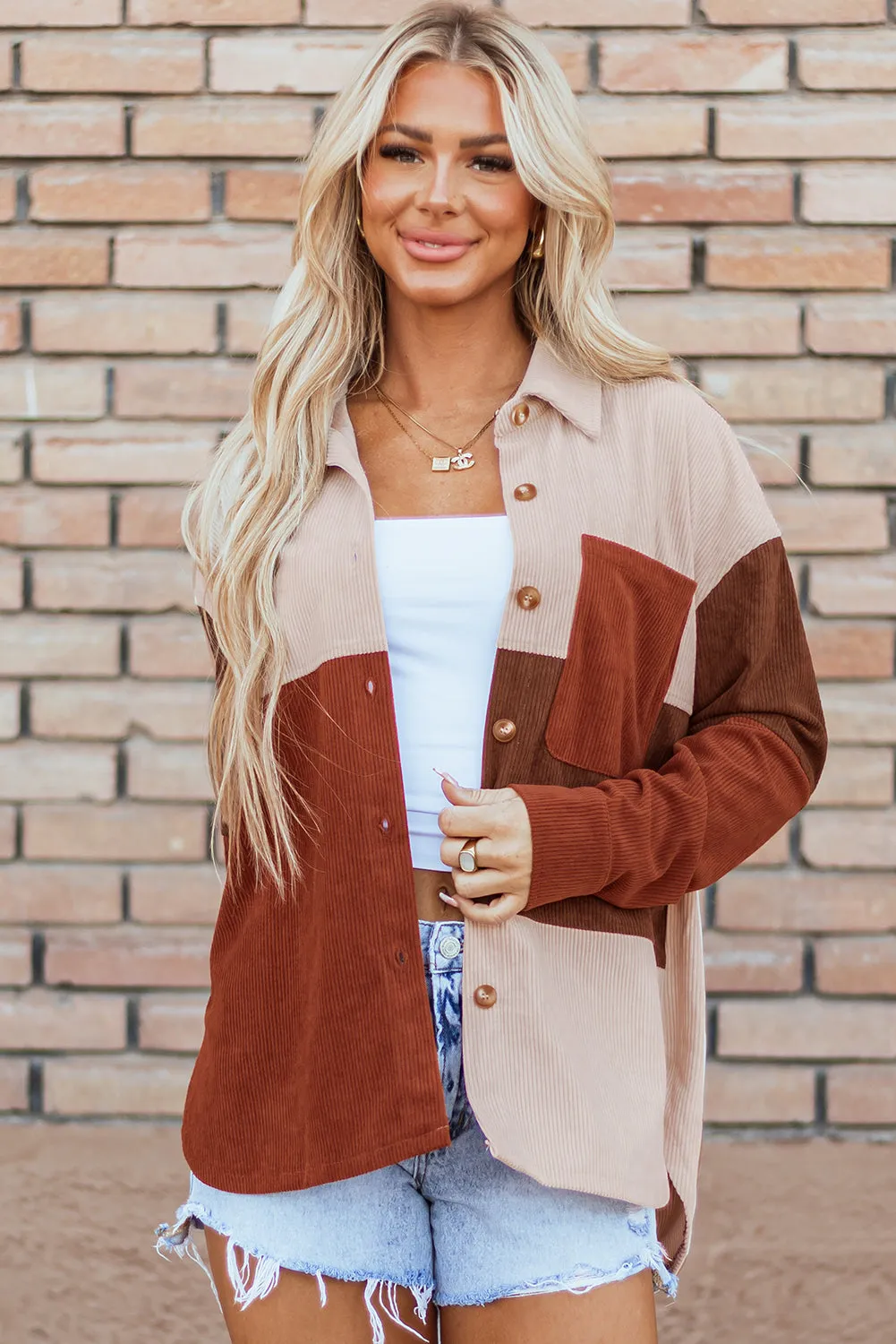Colorblock Curved Hem Corduroy Shacket with Pocket