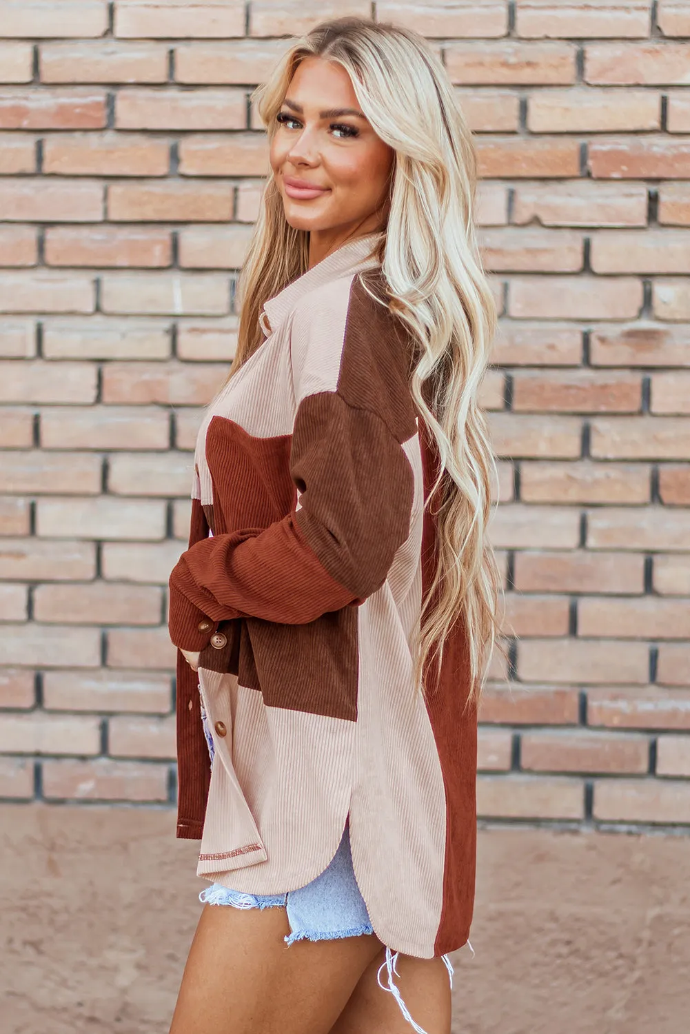 Colorblock Curved Hem Corduroy Shacket with Pocket
