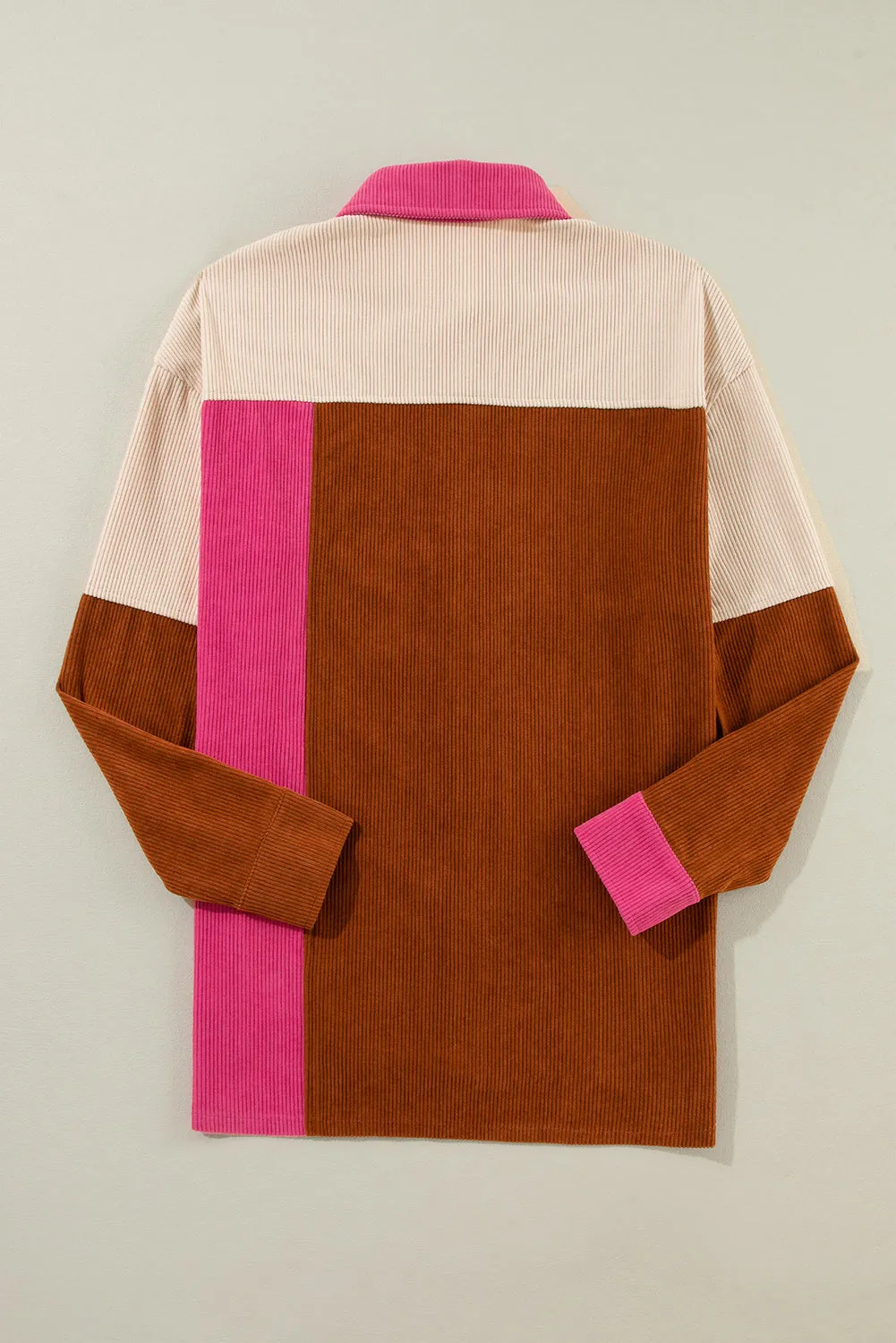 Colorblock Curved Hem Corduroy Shacket with Pocket