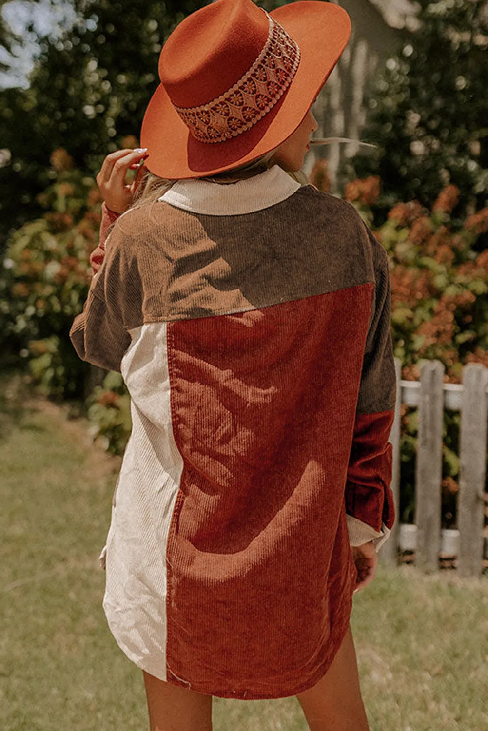 Colorblock Curved Hem Corduroy Shacket with Pocket