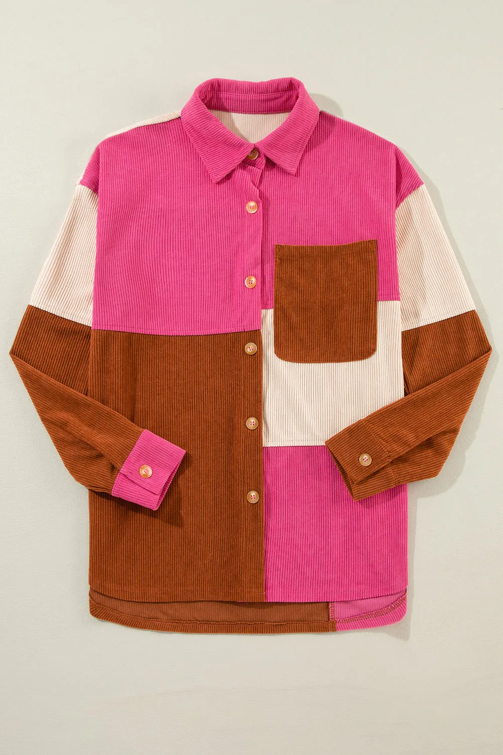 Colorblock Curved Hem Corduroy Shacket with Pocket