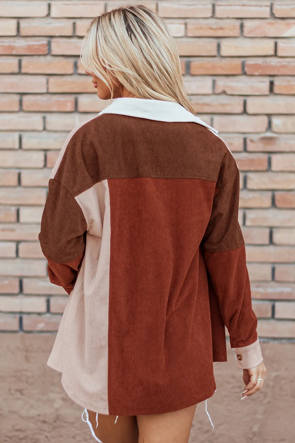 Colorblock Curved Hem Corduroy Shacket with Pocket