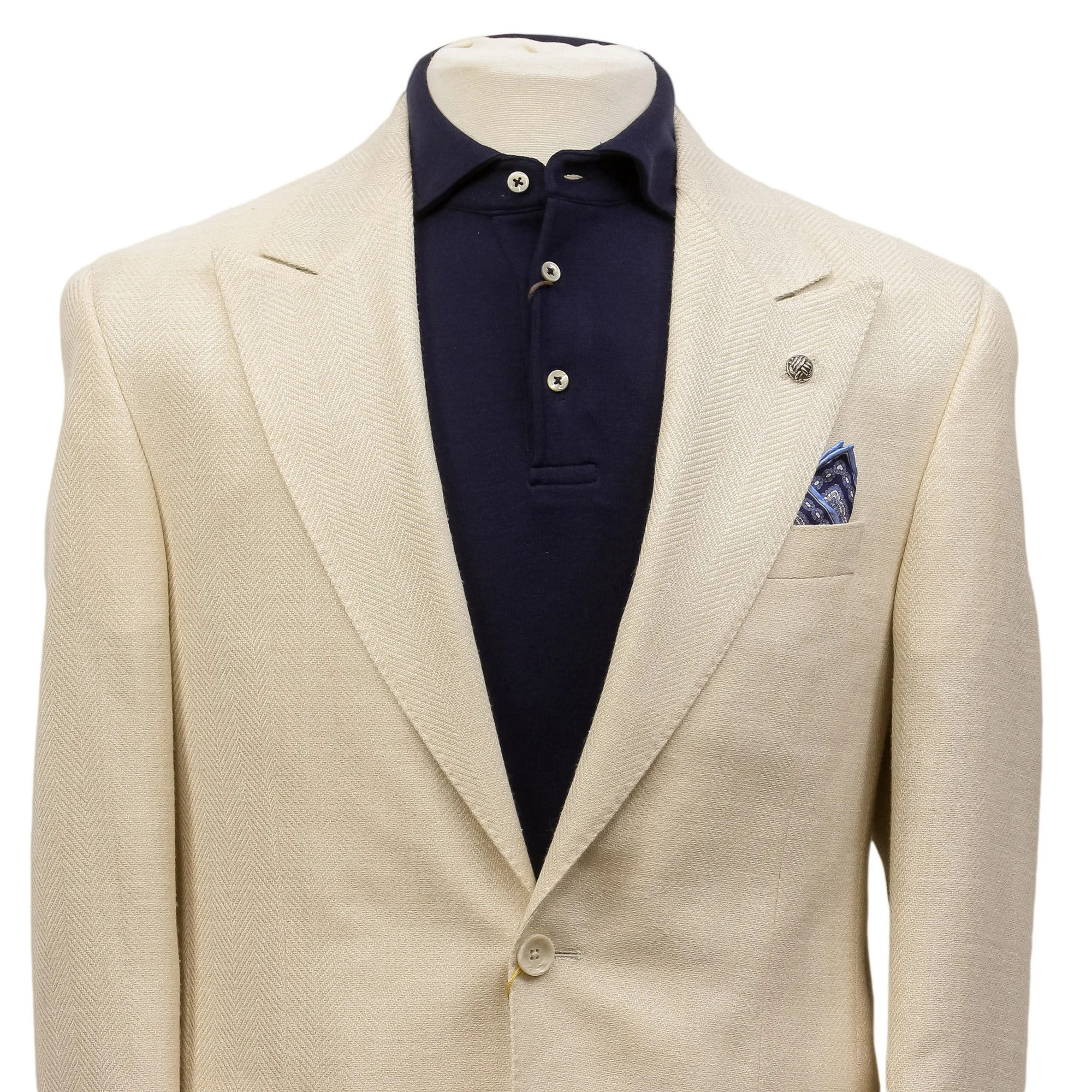Cream Herringbone Wool Silk Linen Peak Lapel Morgan Contemporary Fit Sport Jacket - Jack Victor 1913