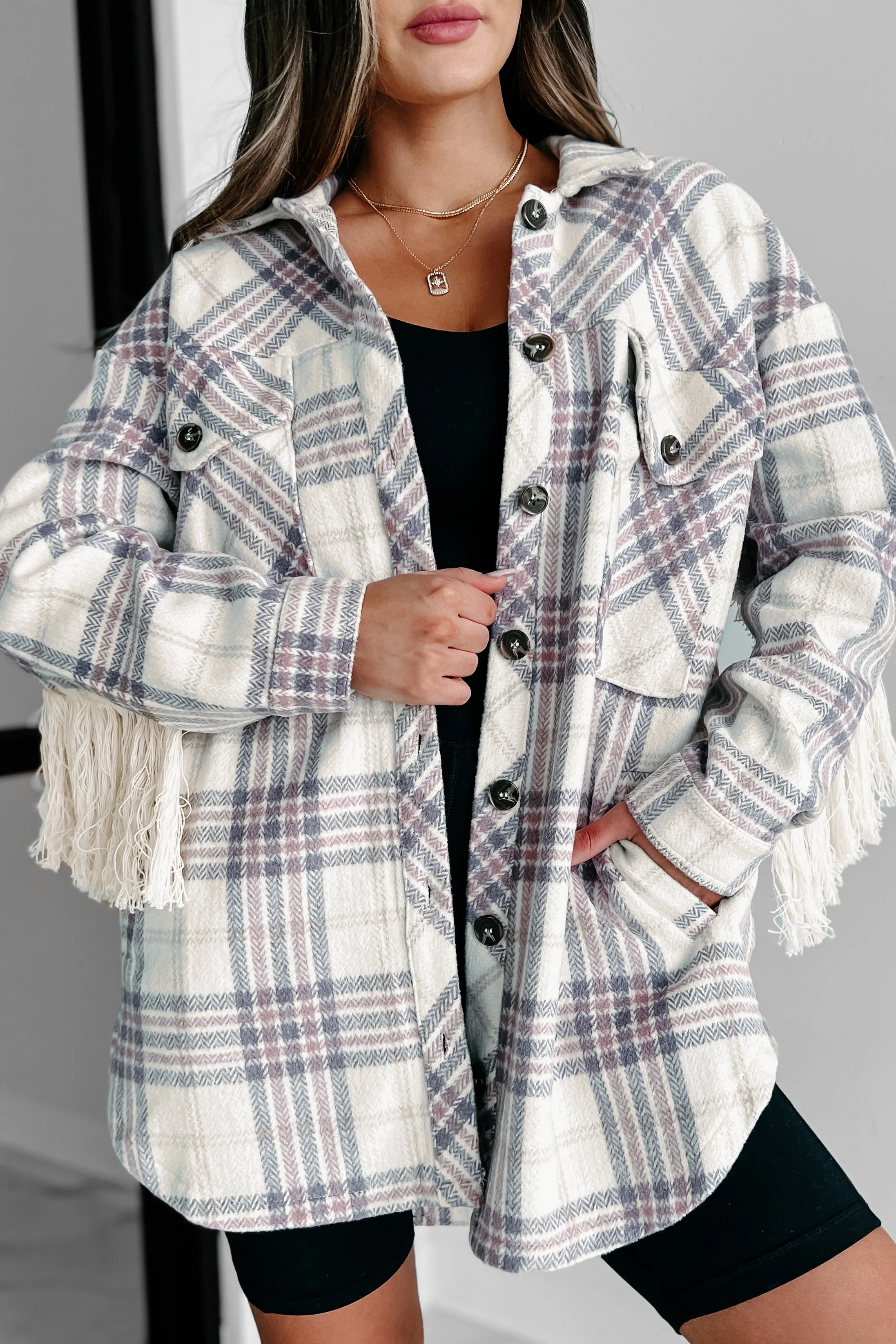 Drop By Plaid Fringe Shacket (Lavender)