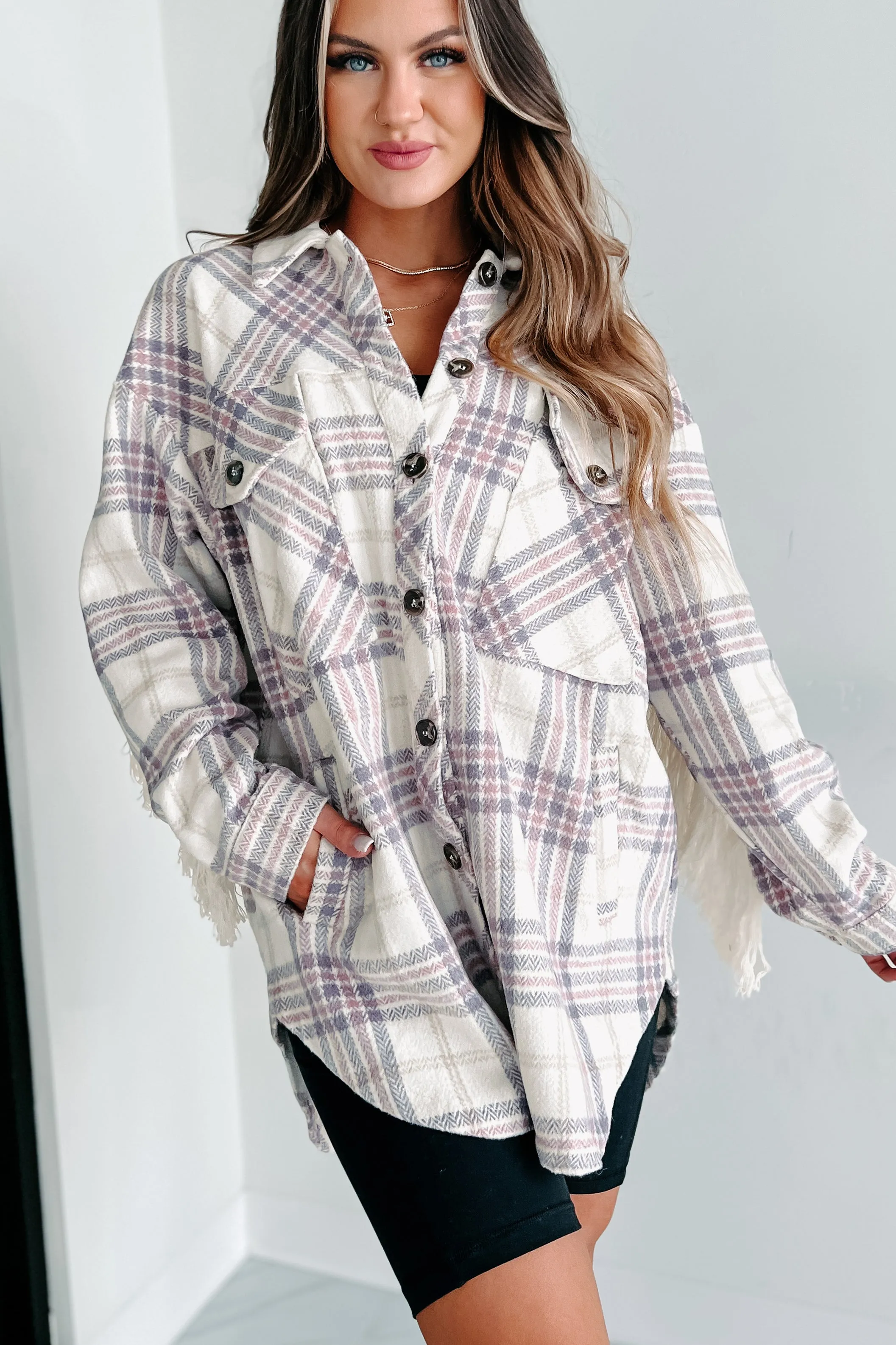 Drop By Plaid Fringe Shacket (Lavender)