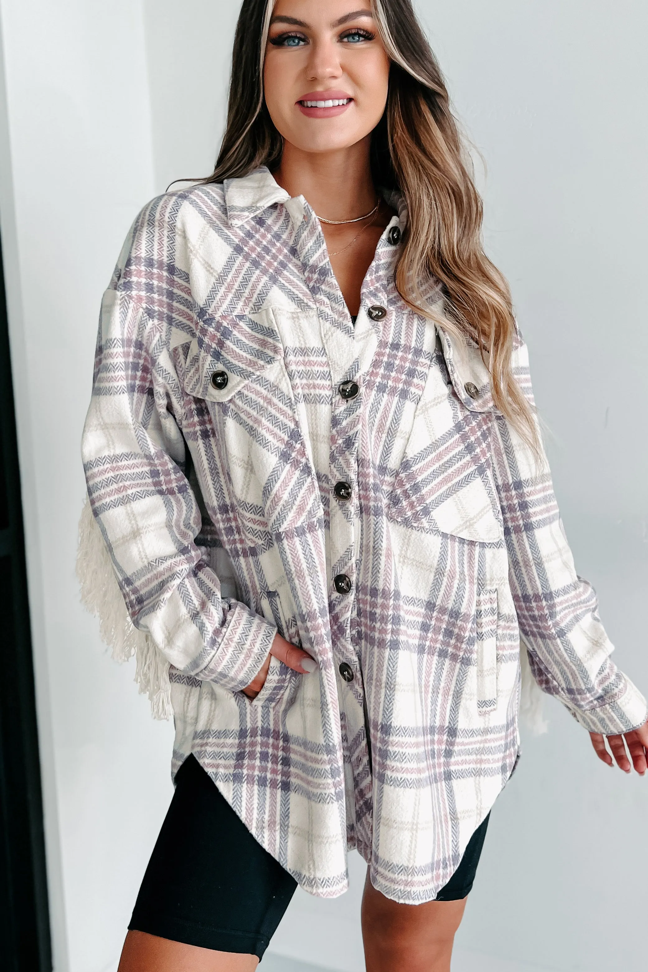 Drop By Plaid Fringe Shacket (Lavender)