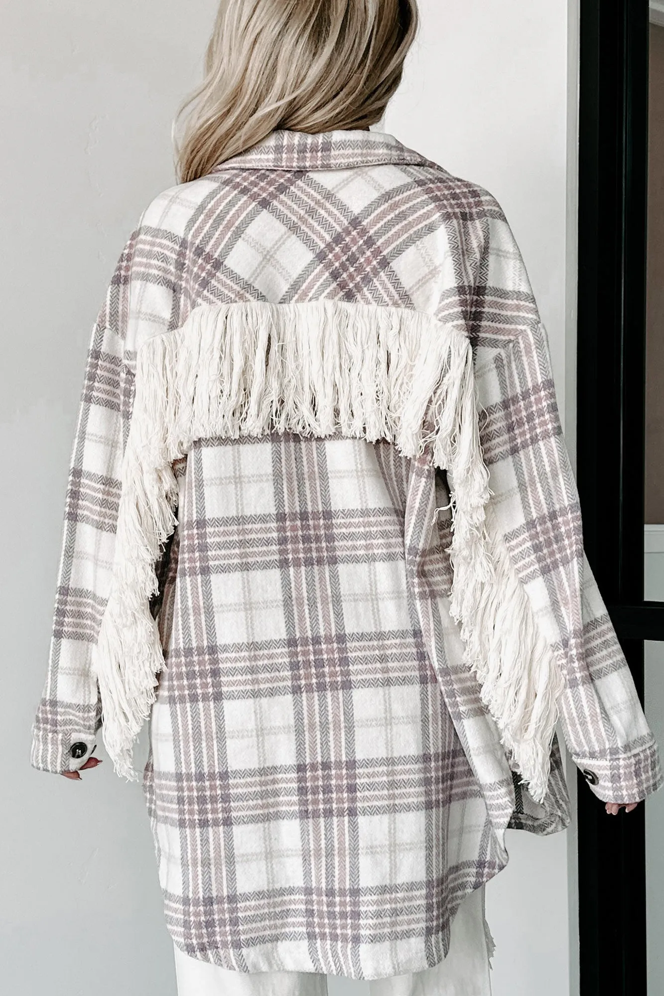 Drop By Plaid Fringe Shacket (Lavender)