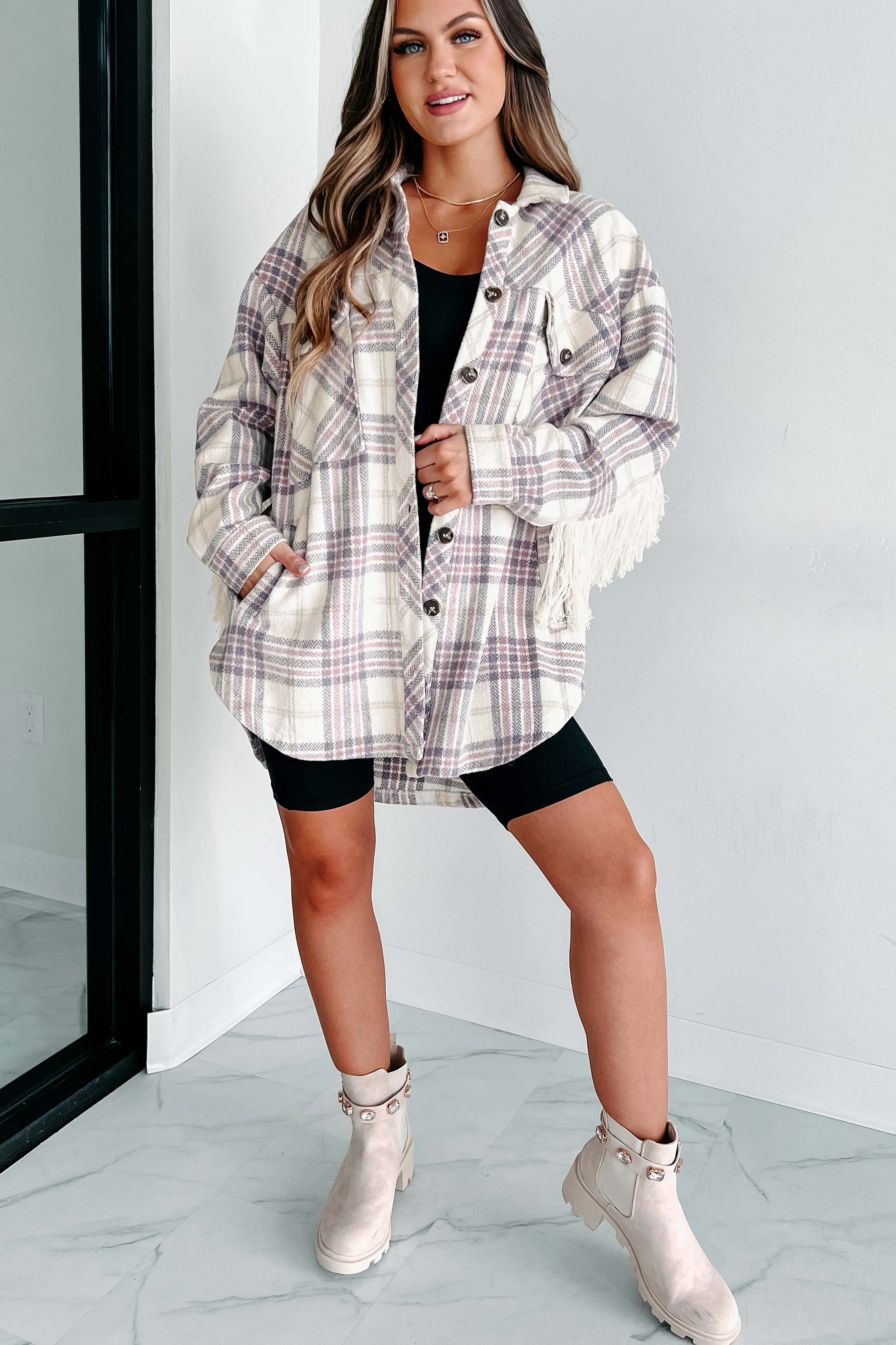 Drop By Plaid Fringe Shacket (Lavender)