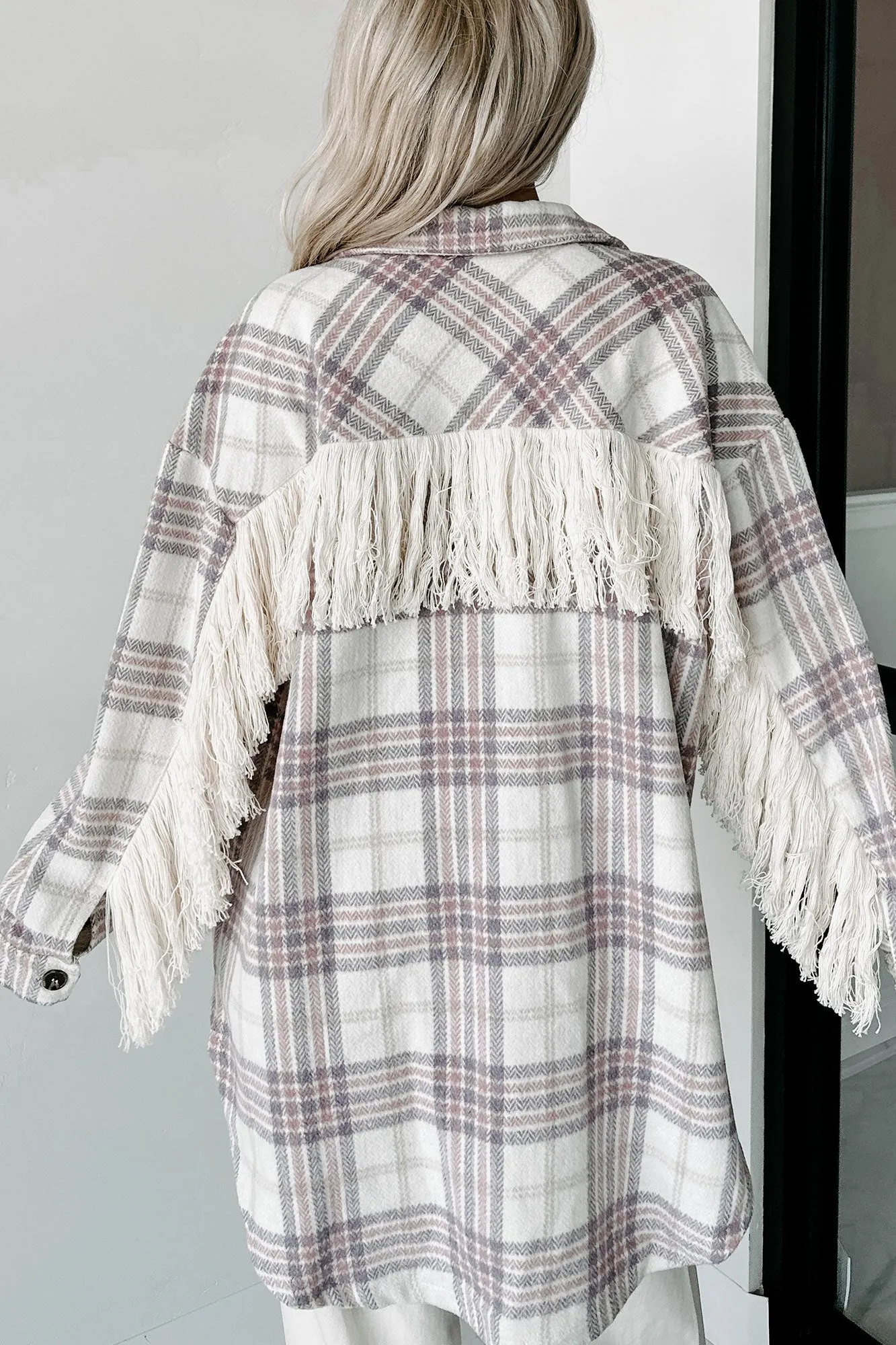 Drop By Plaid Fringe Shacket (Lavender)