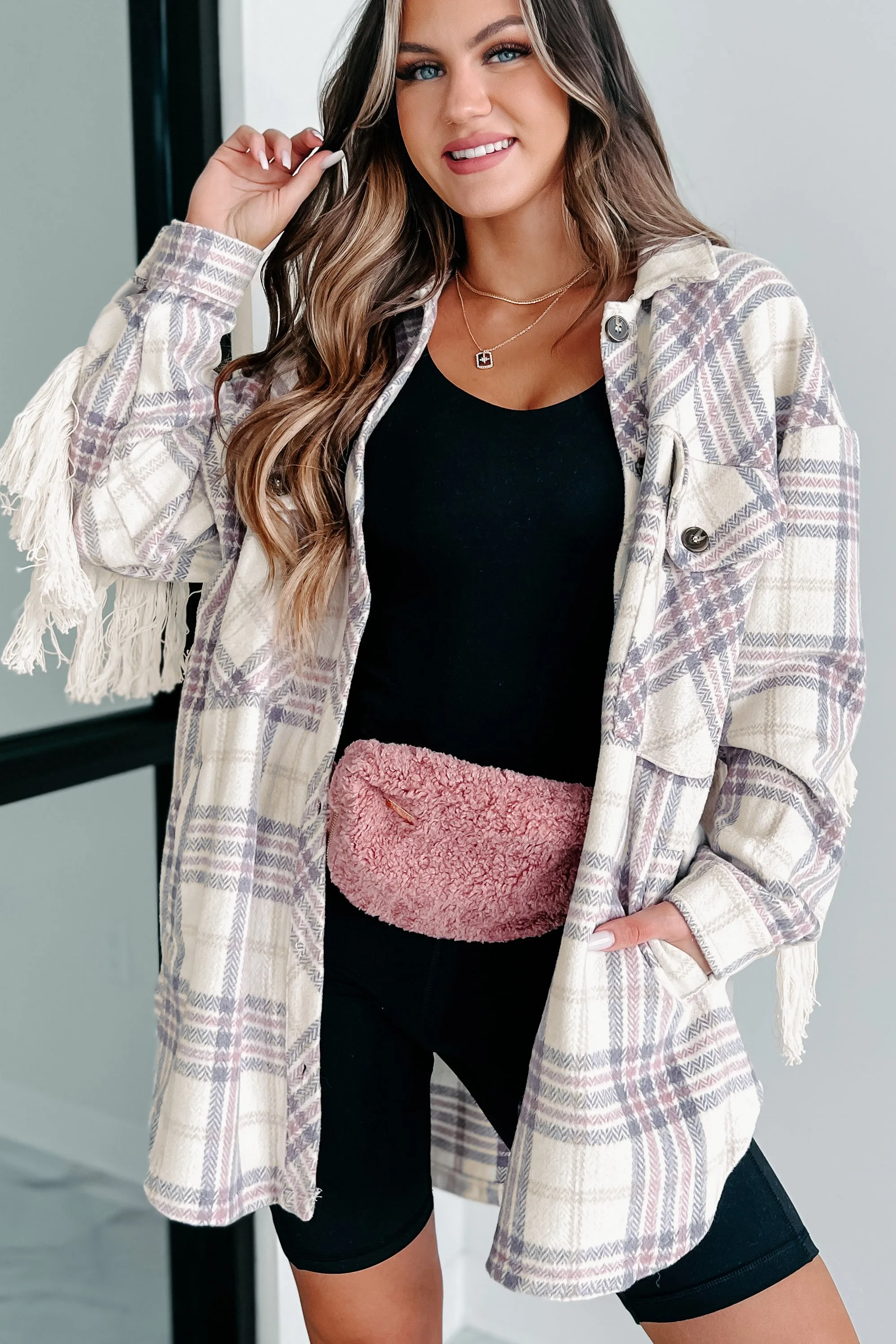 Drop By Plaid Fringe Shacket (Lavender)