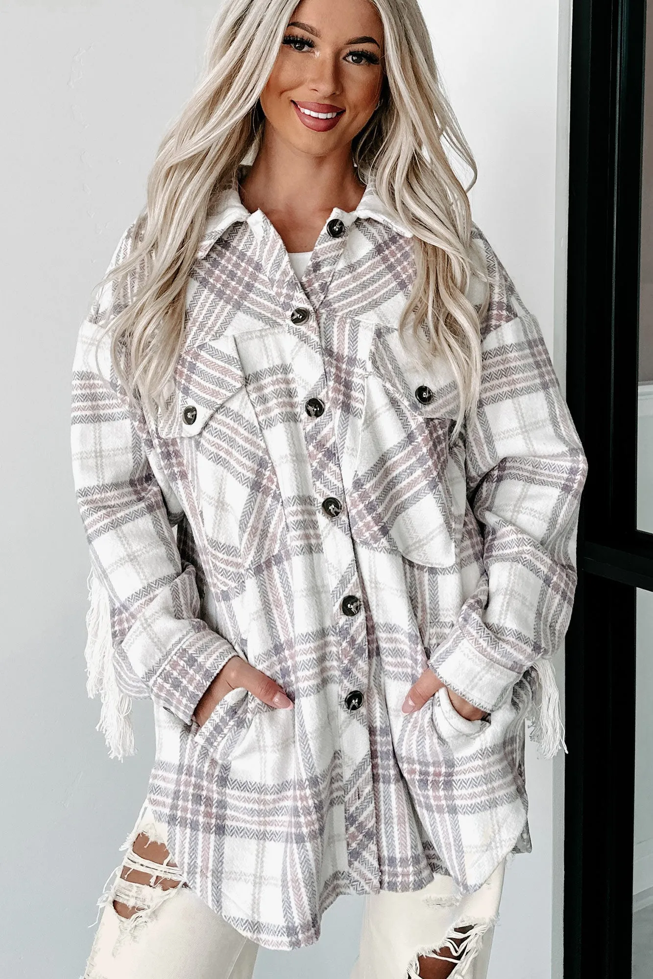 Drop By Plaid Fringe Shacket (Lavender)