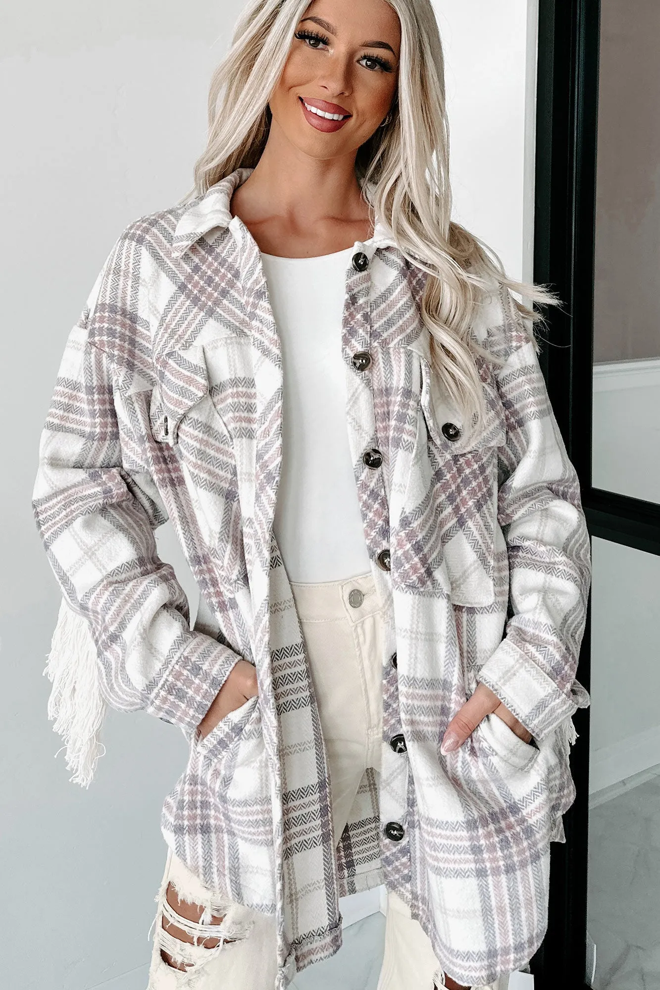Drop By Plaid Fringe Shacket (Lavender)