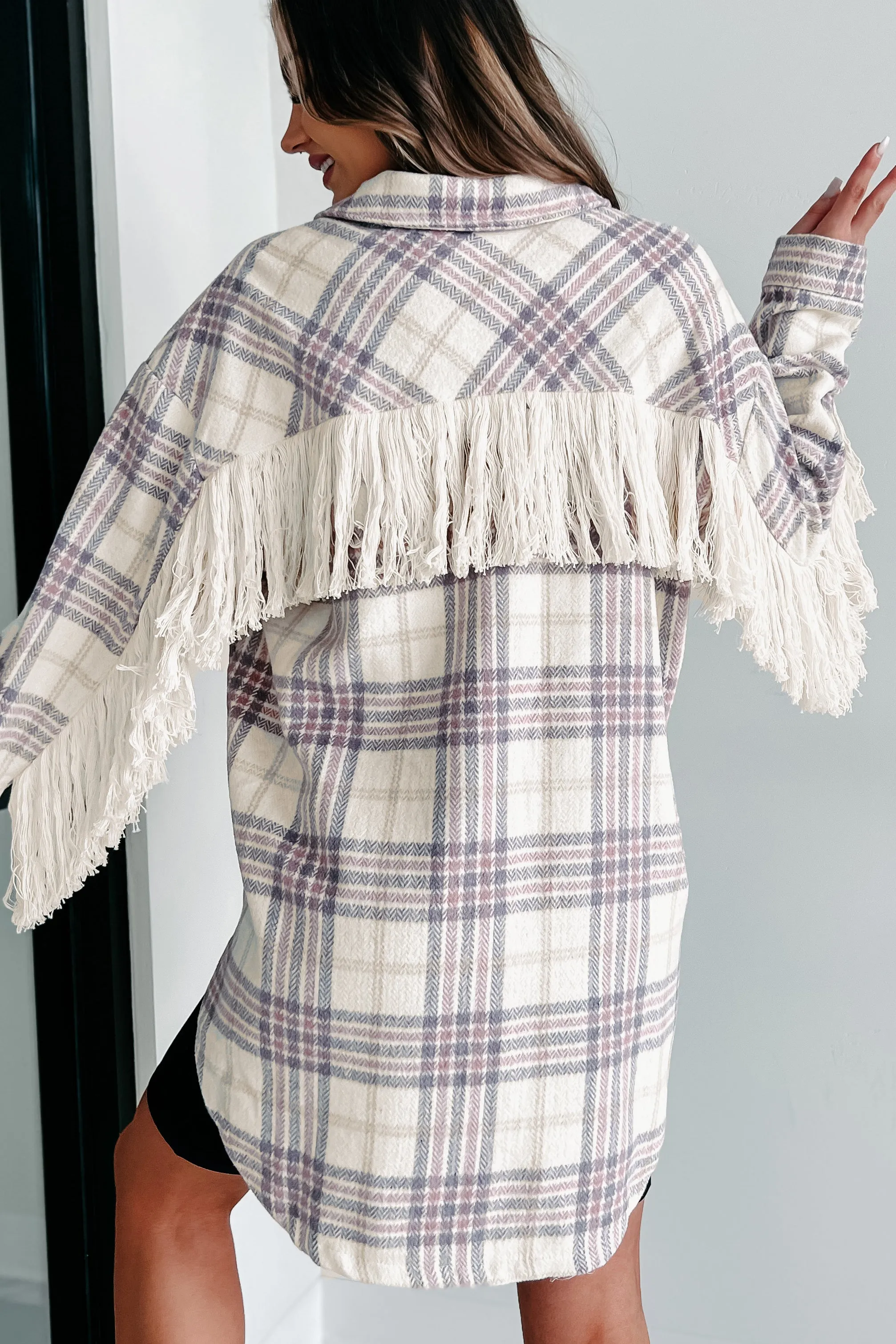 Drop By Plaid Fringe Shacket (Lavender)