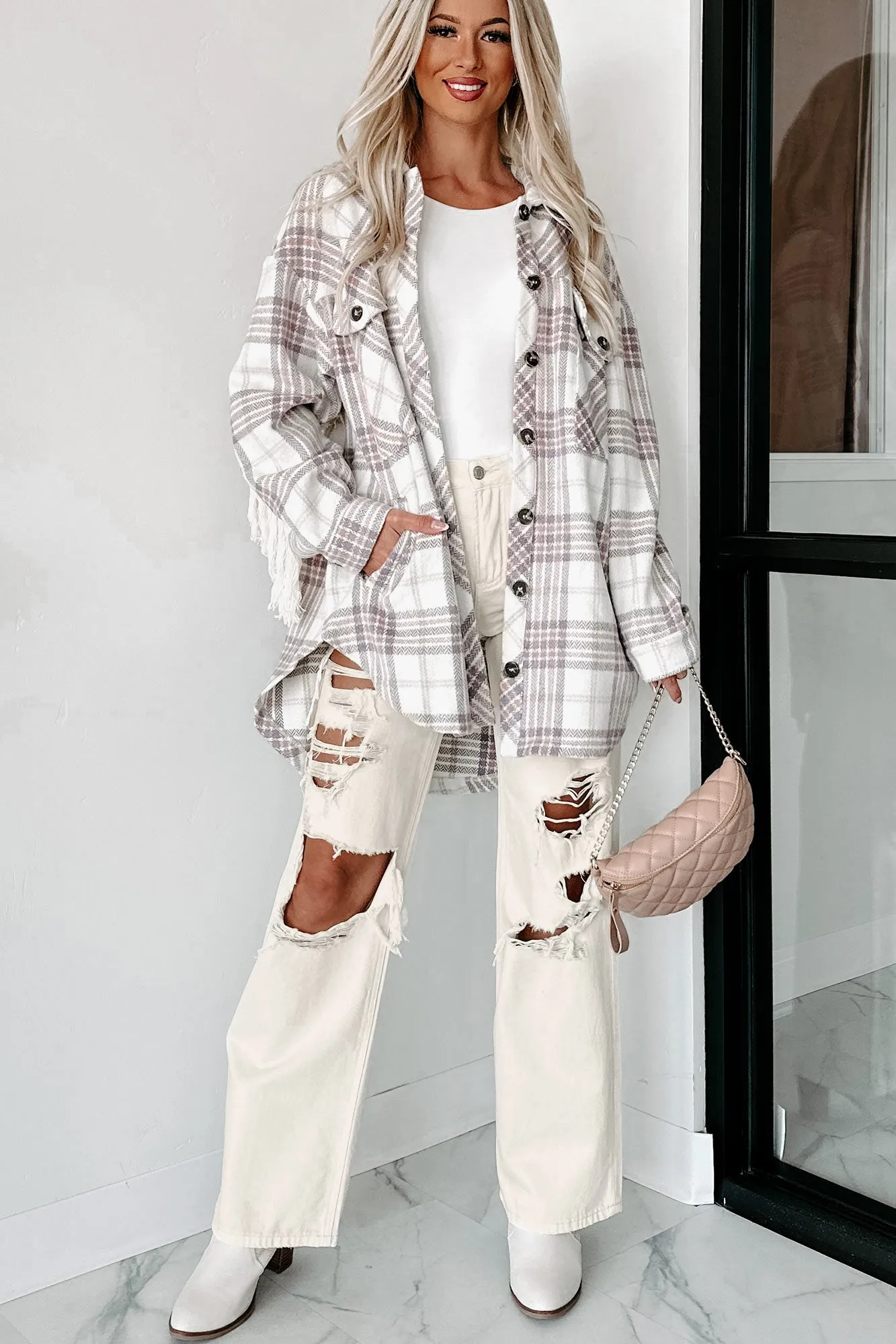 Drop By Plaid Fringe Shacket (Lavender)
