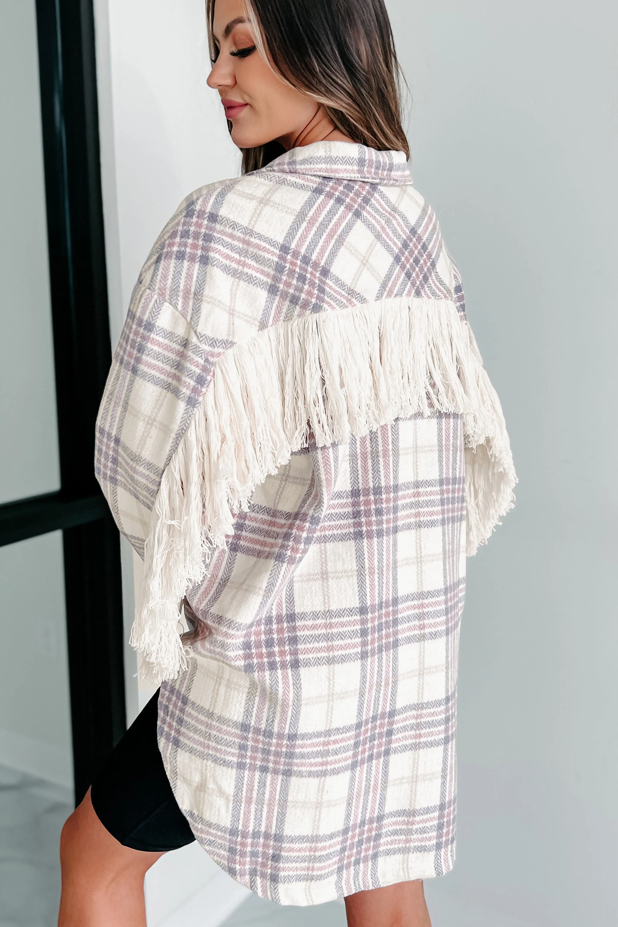 Drop By Plaid Fringe Shacket (Lavender)