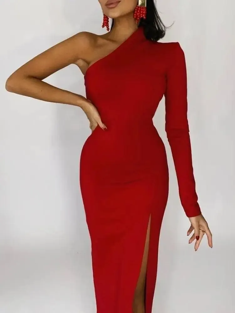 Elegant One-Shoulder Black Maxi Dress: Stylish Formal Evening Gown
