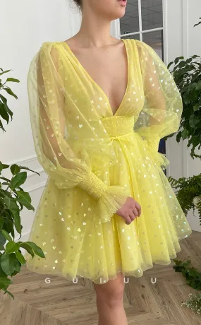 GH421 - A Line V Neck Long Sleeves Yellow Cute Homecoming Dress