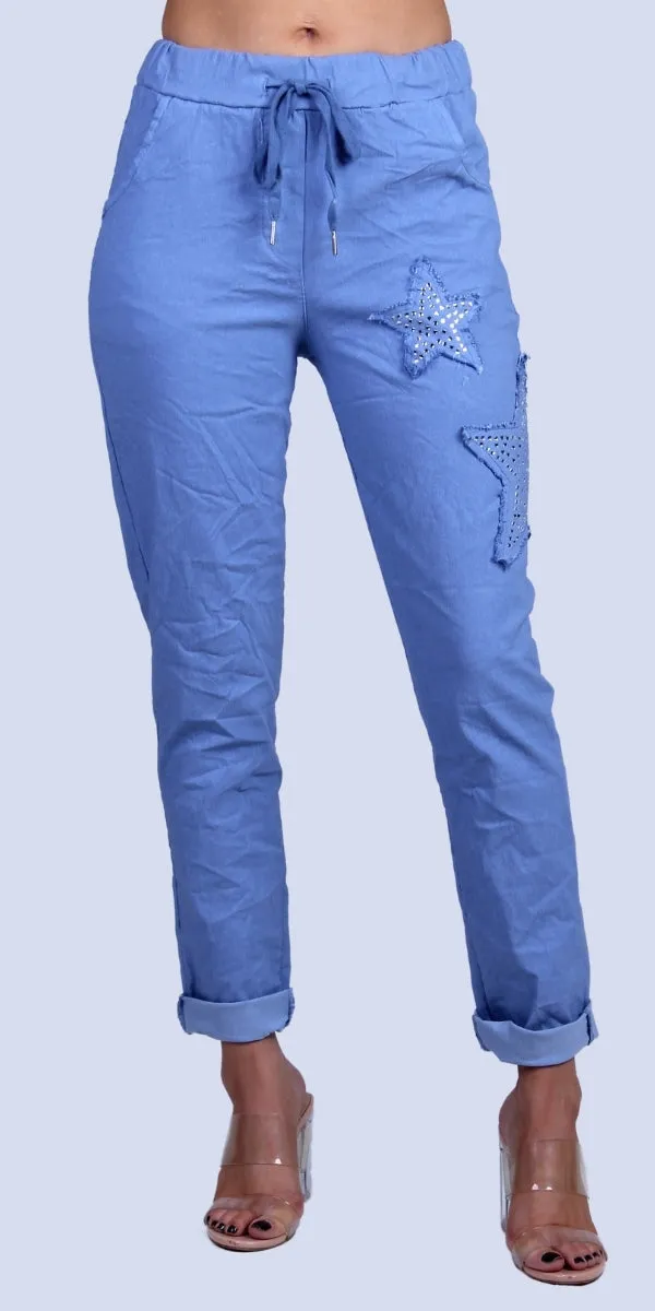 Gigi Moda Lightweight One Size Cropped Pants w Tie Waist Rhinestone Star Patches