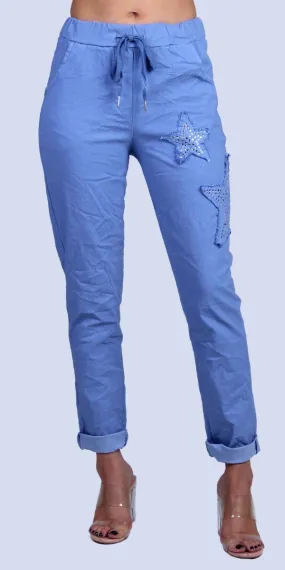 Gigi Moda Lightweight One Size Cropped Pants w Tie Waist Rhinestone Star Patches
