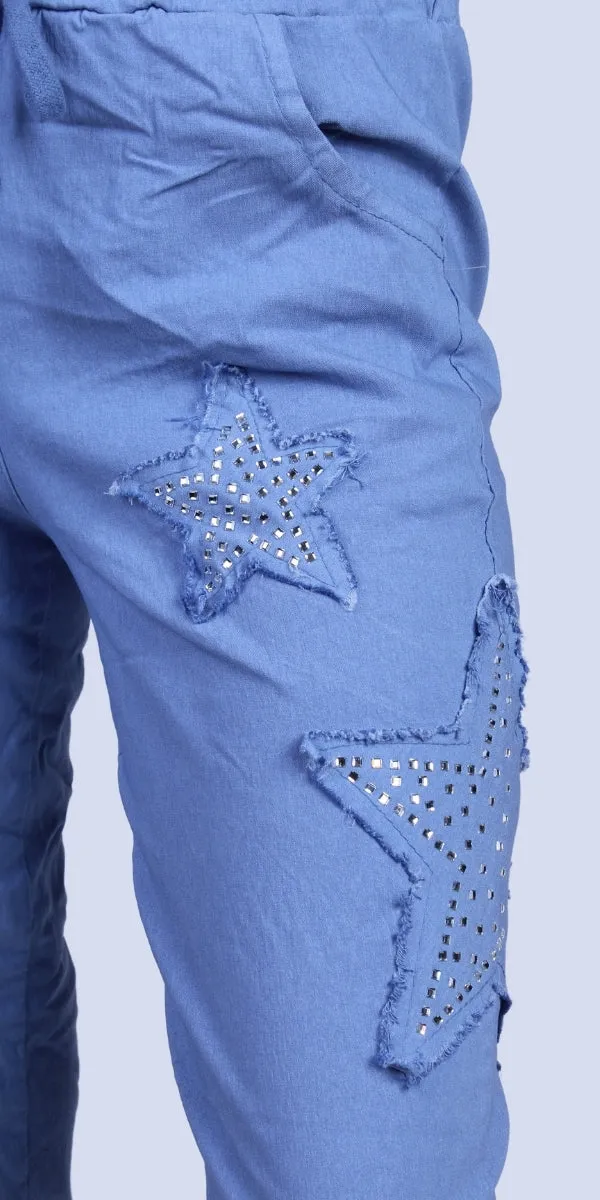 Gigi Moda Lightweight One Size Cropped Pants w Tie Waist Rhinestone Star Patches
