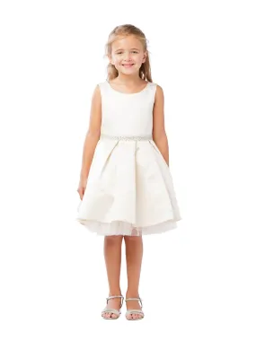 Little Girls Champagne Rhinestone Tulle Satin Pleated Flower Girl Dress 2-6