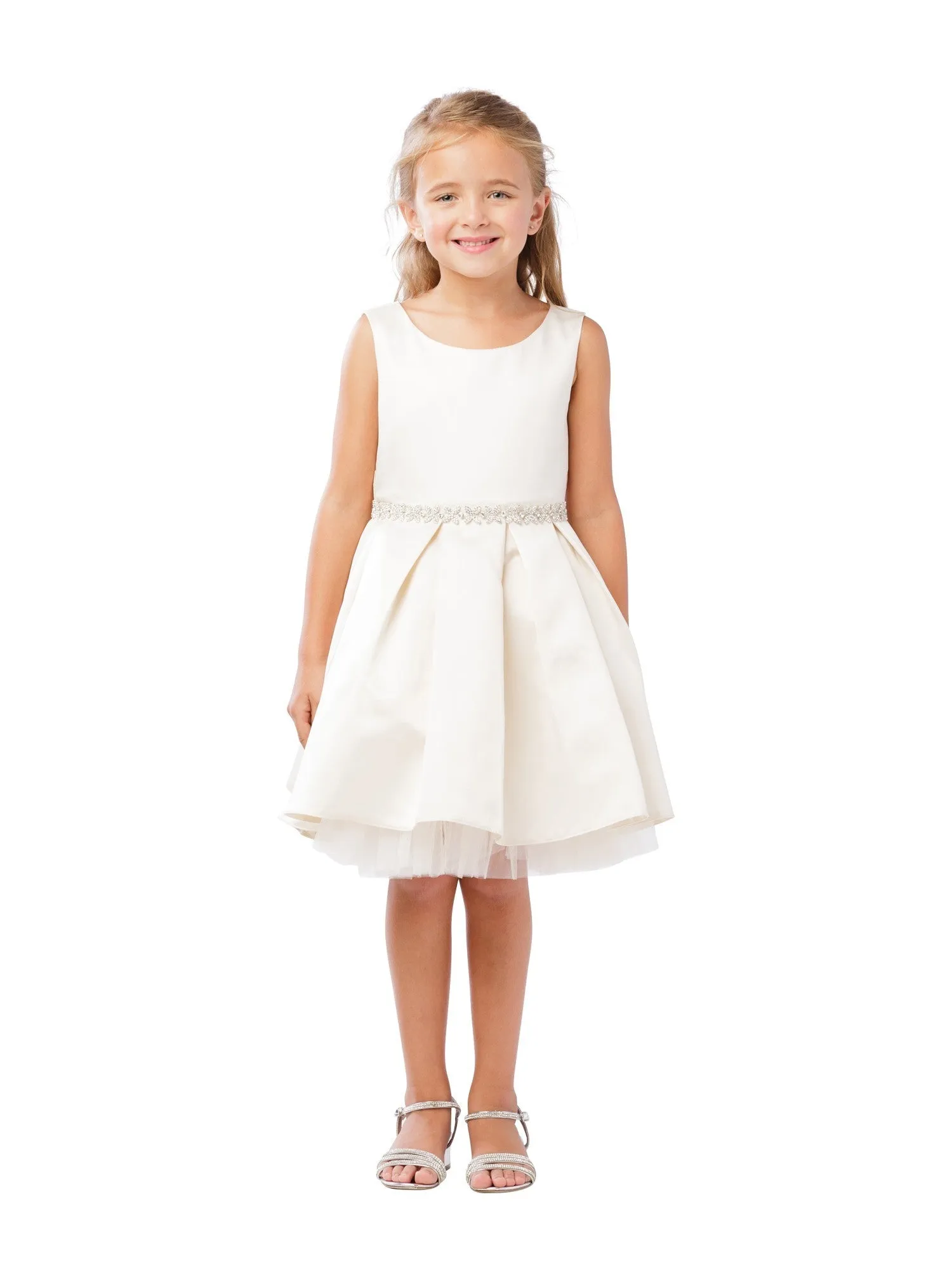 Little Girls Champagne Rhinestone Tulle Satin Pleated Flower Girl Dress 2-6
