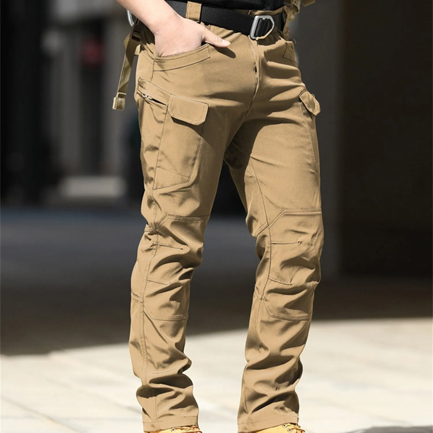 Men's Khaki Cargo Pants with Multiple Pockets - Waterproof, Casual Jogger Style for Fall, Polyester Fabric, Streetwear Look, Machine Washable, Outdoor Activity Pants | Stylish Casualwear | Woven Fabric Pants