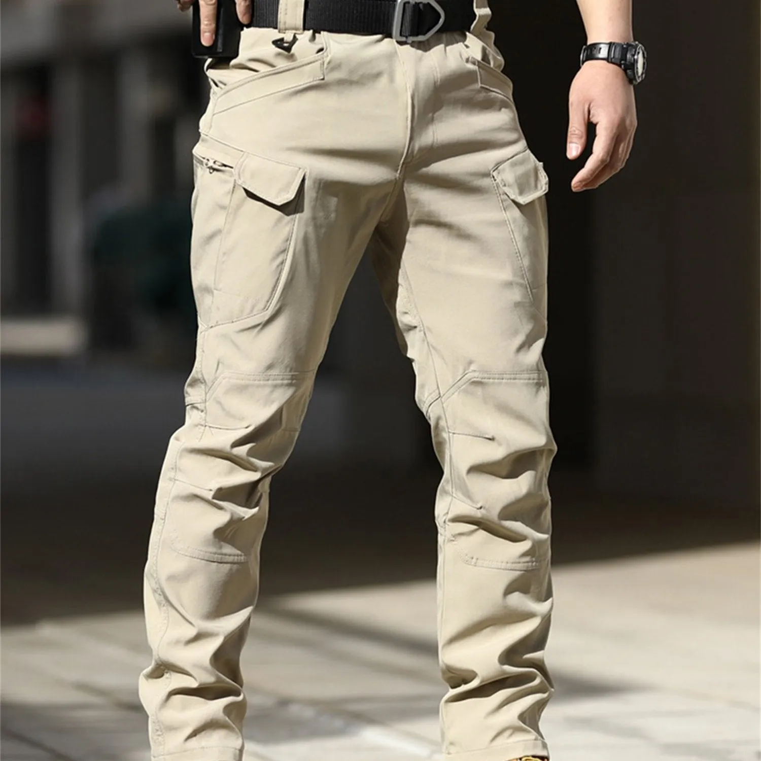 Men's Khaki Cargo Pants with Multiple Pockets - Waterproof, Casual Jogger Style for Fall, Polyester Fabric, Streetwear Look, Machine Washable, Outdoor Activity Pants | Stylish Casualwear | Woven Fabric Pants