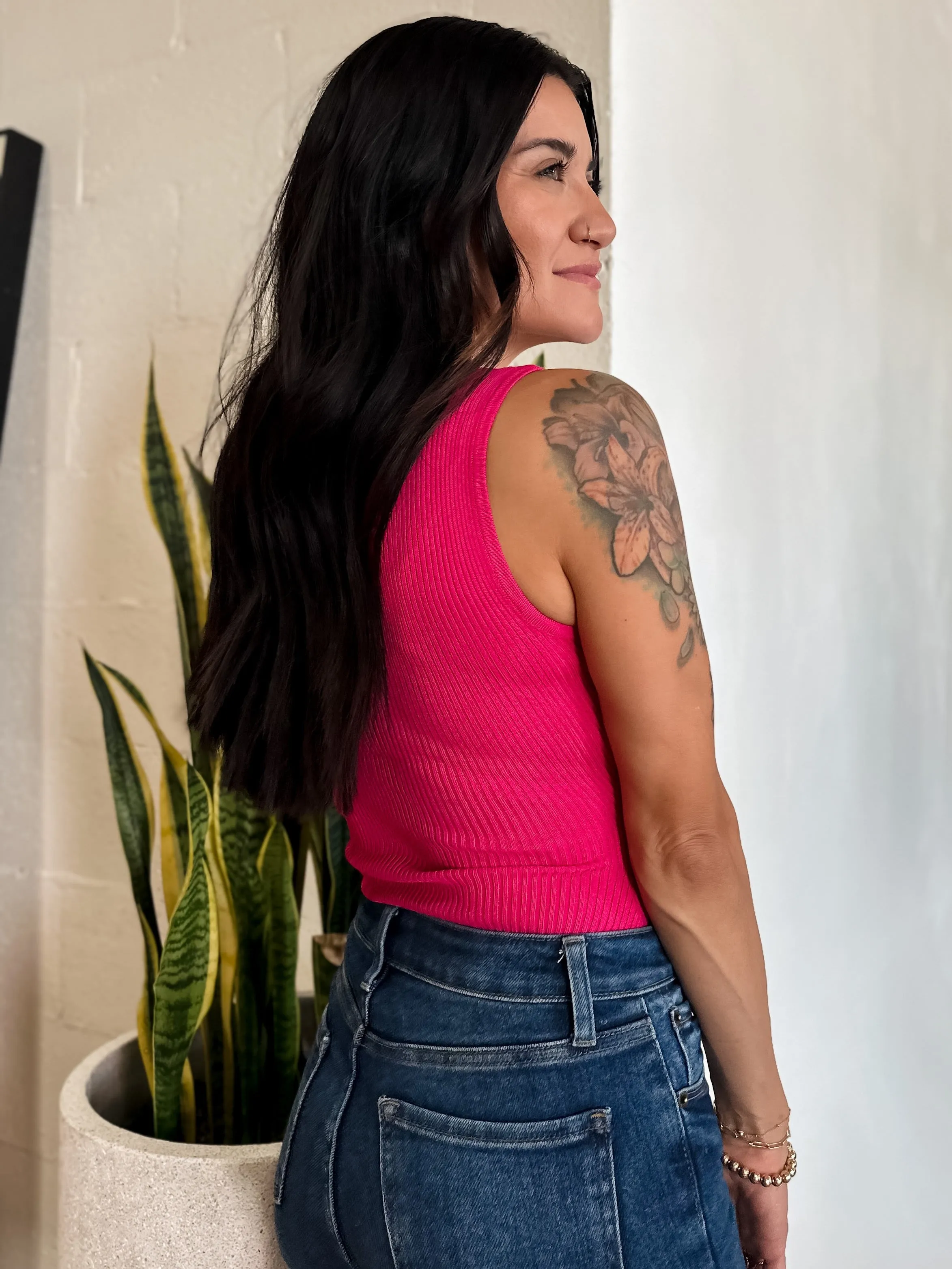 Ribbed Knit Scoop Neck Bodysuit - Fuschia