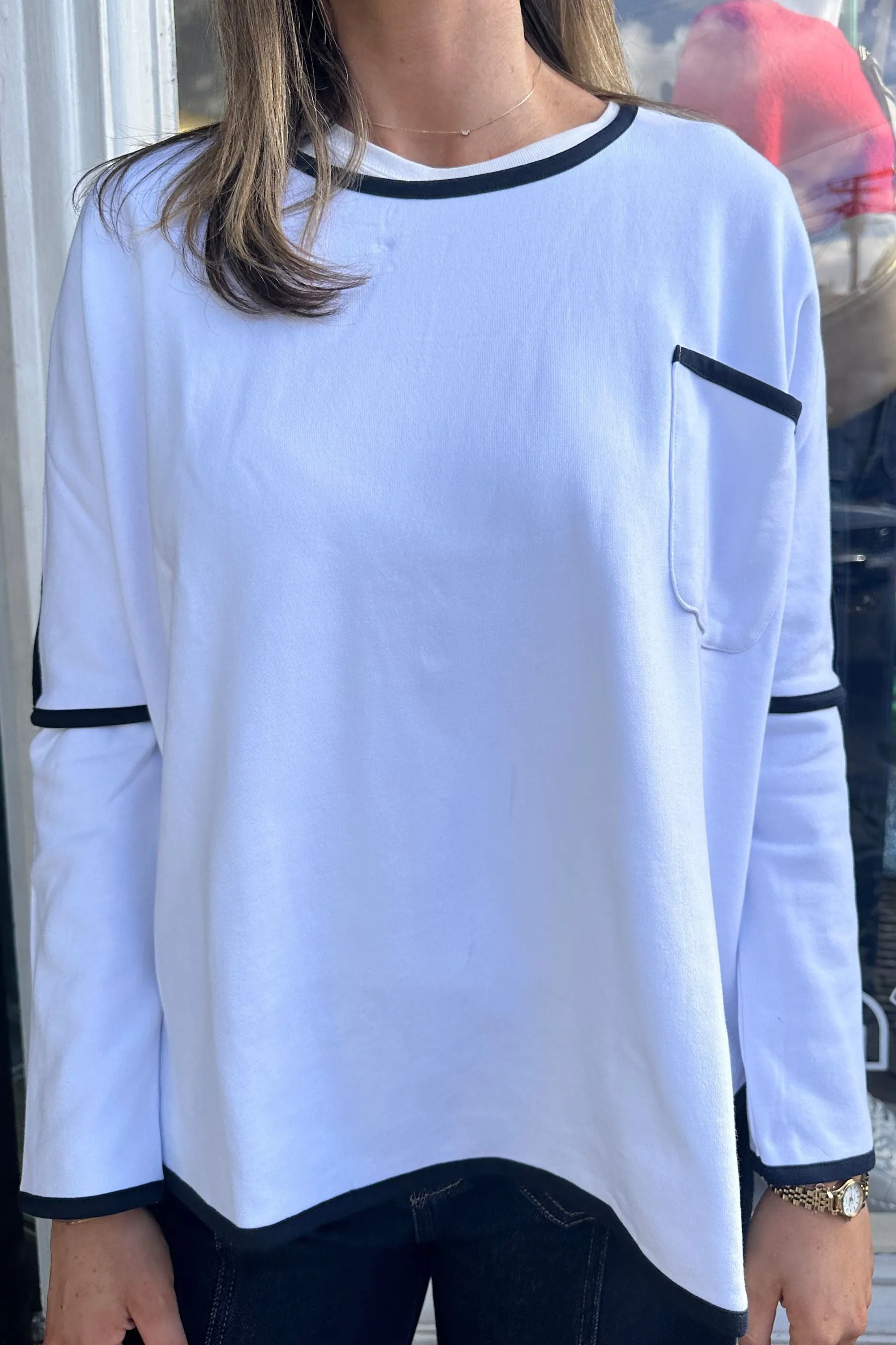 Ringer Cotton Sweatshirt | White/French Navy