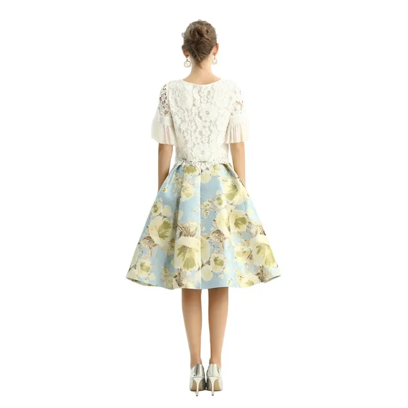 S137-2 Women metallic floral jacquard inverted pleat A-line midi skirt
