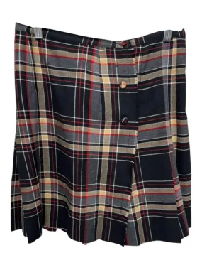Saks Fifth Ave Size Est M Black, Tan & Red Wool Plaid Pleated Knee Length Skirt
