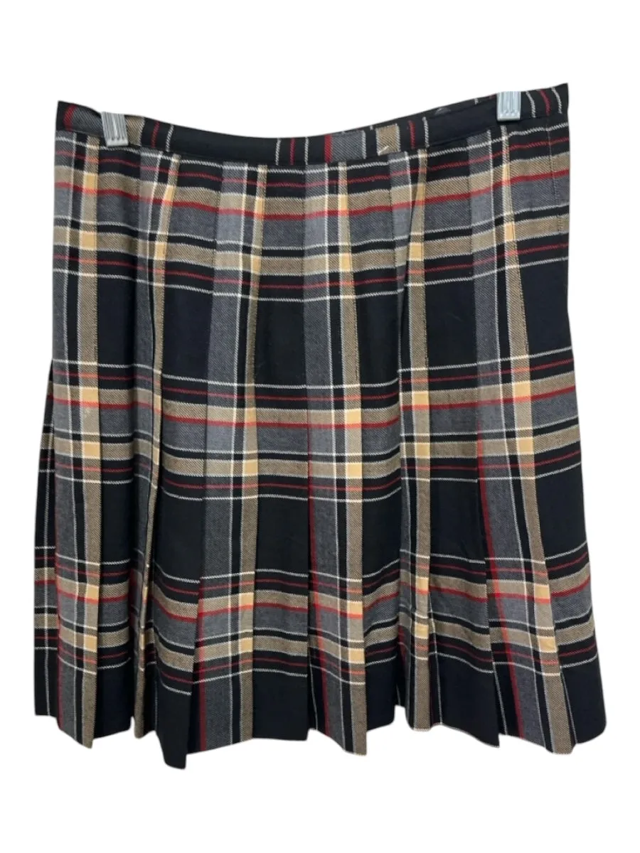 Saks Fifth Ave Size Est M Black, Tan & Red Wool Plaid Pleated Knee Length Skirt