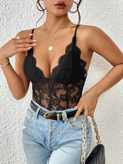 TEEK - Black Lace V-Neck Spaghetti Strap Bodysuit