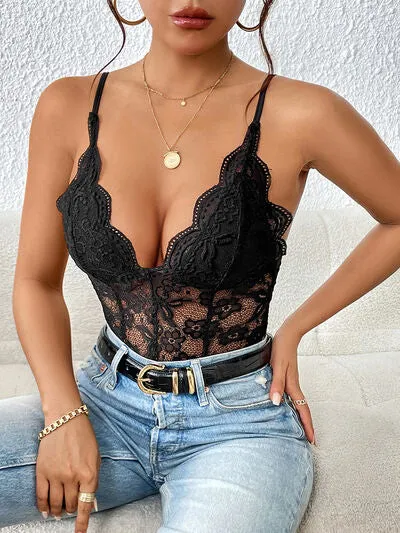 TEEK - Black Lace V-Neck Spaghetti Strap Bodysuit