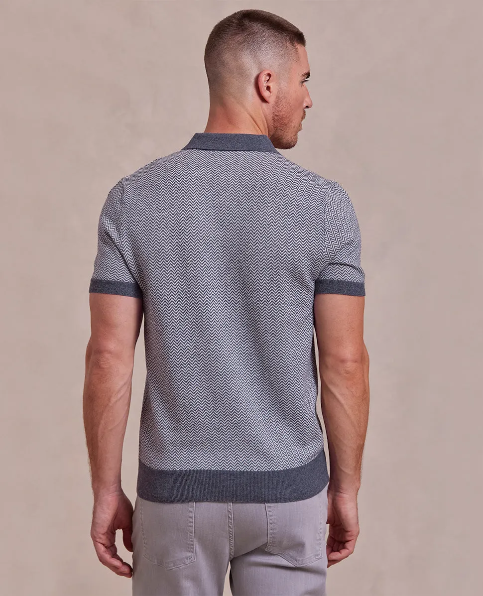 The Tate - Cashmere Herringbone SS Polo - Charcoal/Grey