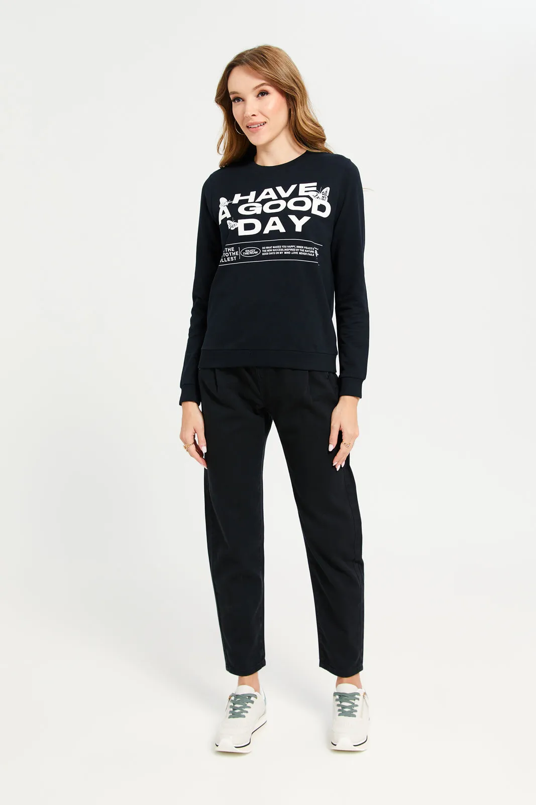 Women Black Have a Good Day Print Sweatshirt